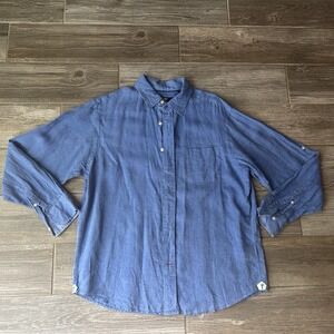 CREMIEUX CLASSICS Men's Blue Linen Button Down Shirt Palm Tree Accent Size L‎